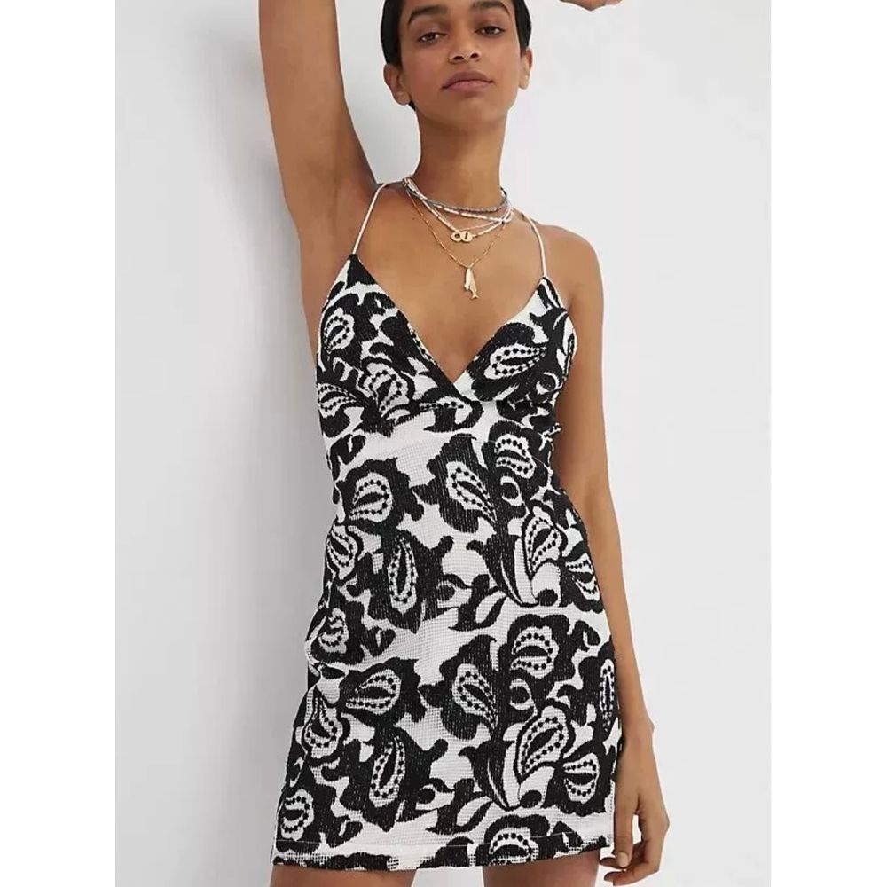 MAEVE Anthropologie Black White Paisley Print Mini Dress Strap‎ Summer Size 12